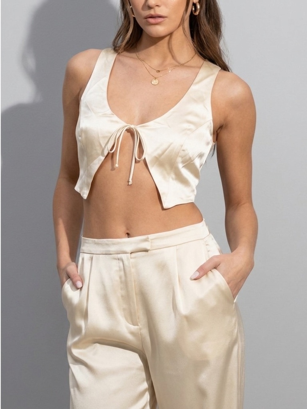 Are You Am I Kih Silk Satin Vest Top Champagne Ivory